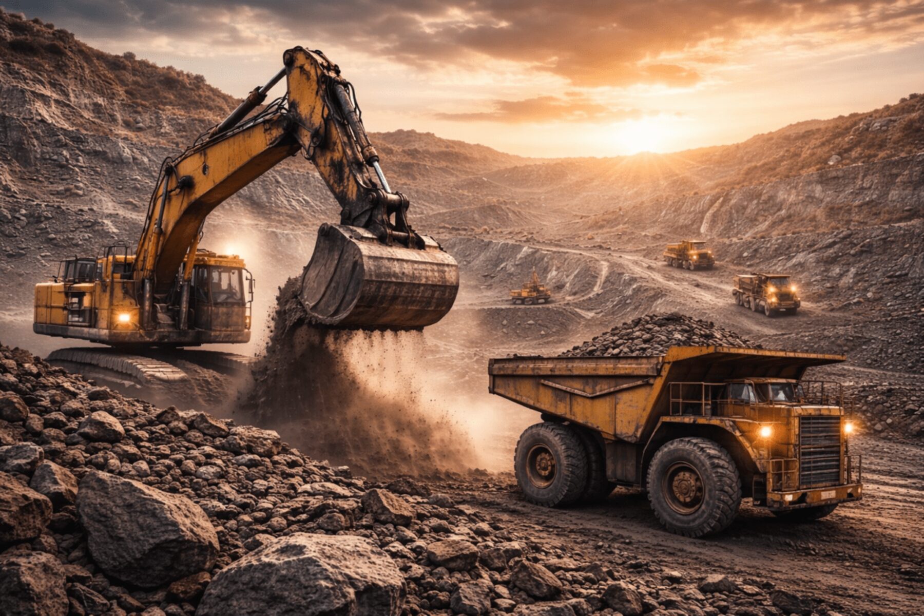 Excavator loading ore into a haul truck at an open-pit mine at sunset