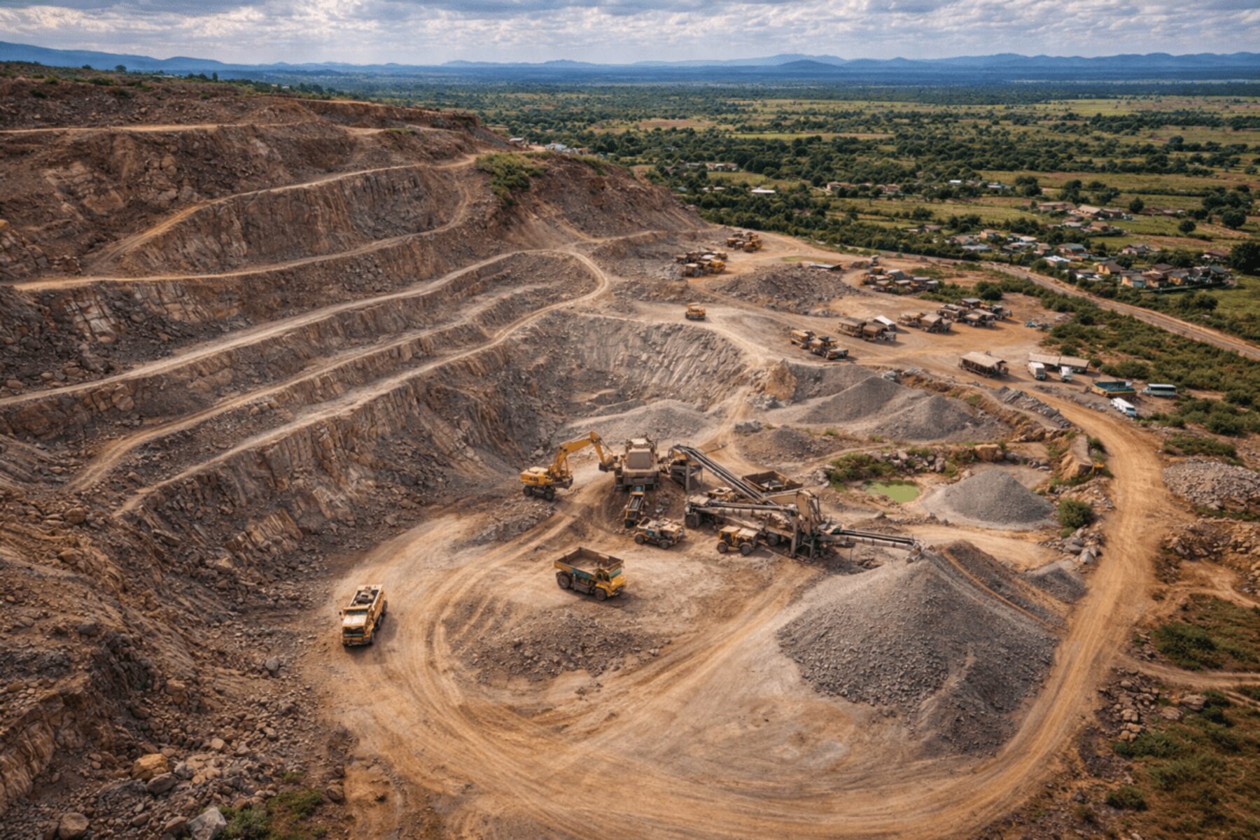 Aerial view of a terraced open-pit mine bordering farmland in Tanzania